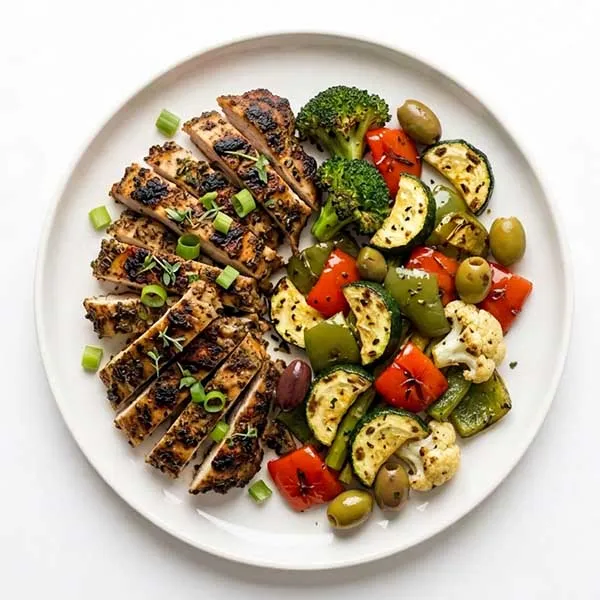 Caribbean jerk chicken with baked  vegetable